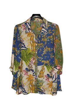 Rose + Olive Jungle Cat Cheetah Button Down Sheer Top Sz 1X Tropical